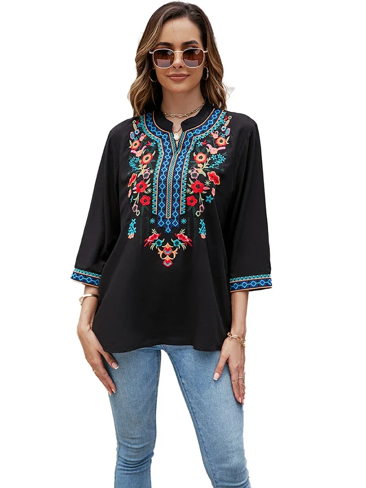 KHALEE YOSE Floral Embroidery Blouse Shirt Boho Vintage Summer Spring Mexican Shirt Women Long Sleeve 2xl 3XL Ethnic Shirt Top