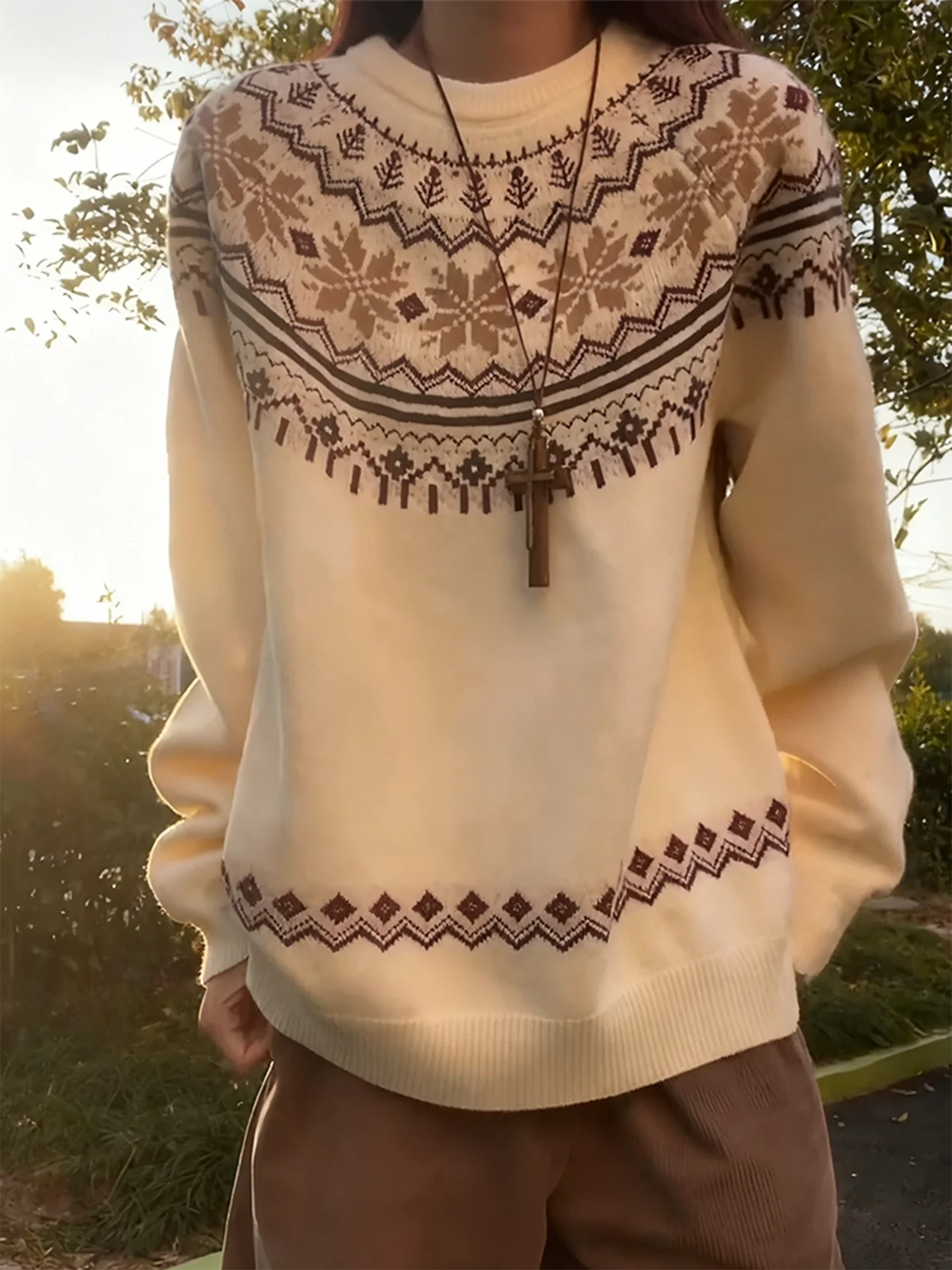 

Cleanfit Fair Isle Knitwear round Ne Sweater ex Autumn Winter American Lazy Sle Base Layer Knitted irt for Couples