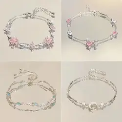 Steel Fun New Women Bracelet Shiny Pink Zircon Butterfly Cherry Blossom Hand Chain for Girls Friendship Gift Y2k Accessories