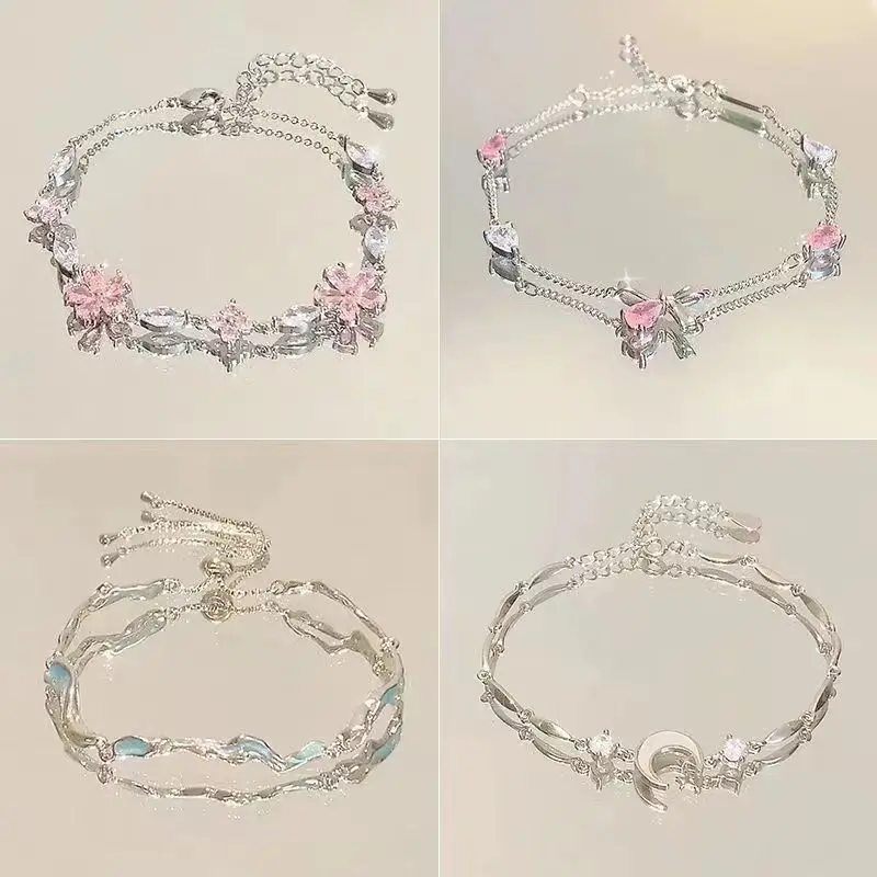 Steel Fun New Women Bracelet Shiny Pink Zircon Butterfly Cherry Blossom Hand Chain for Girls Friendship Gift Y2k Accessories