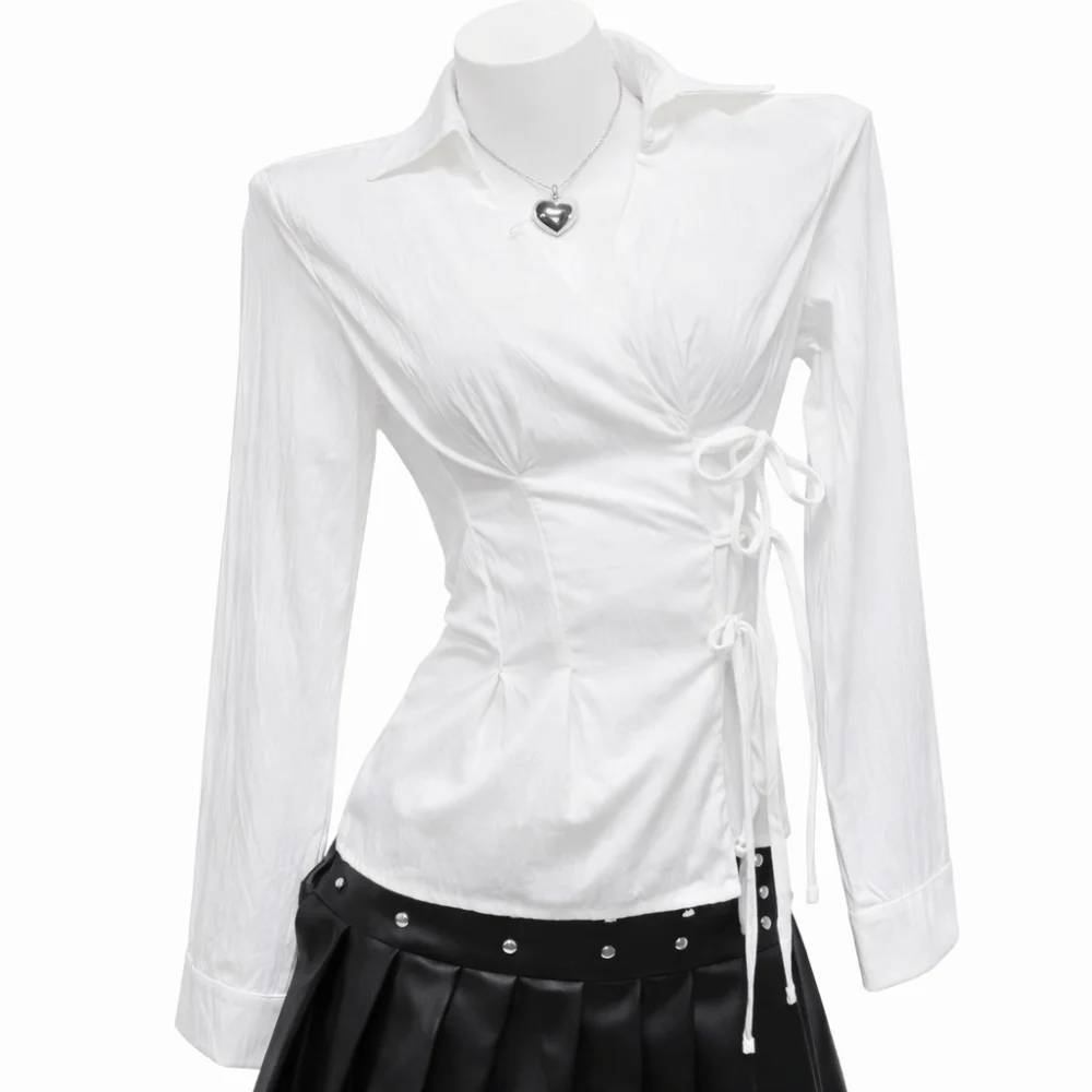 Street-Style Langarm Slim-Fit Hemd Harajuku Y2K Damen Tailliertes Hemd V-Ausschnitt Büro Ästhetische Bluse Frühling Sommer – Detail 6