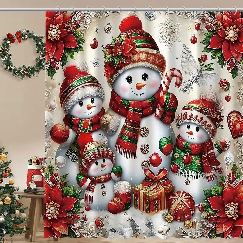 Christmas Snowman Poinsettia Candy Cane Shower Curtain Set No Drill 12 Hooks Holiday Bathroom Decor Gift Box