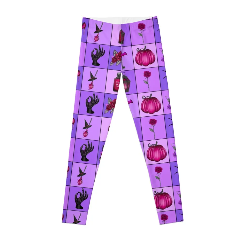 

PINK AND PURPLE HALLOWEEN PATTERN WITH MULTIPLE HALLOWEEN ELEMENTS IN A GRID PATTERN - Leggings for girls Womens Leggings