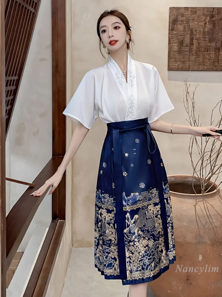 New Chinese Style Cloth Short Sleeve V Neck Blouse + Horse-Face Skirt Women's Petite Two-Piece Set Outfit Can Buy Separately