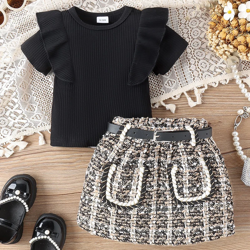 

2025 Summer Clothes Girls Outfit Sets Korean Fashion Plaid Black Short Sleeve Baby Tops+Skirt+Belt Boutique Kids Clothing BC846