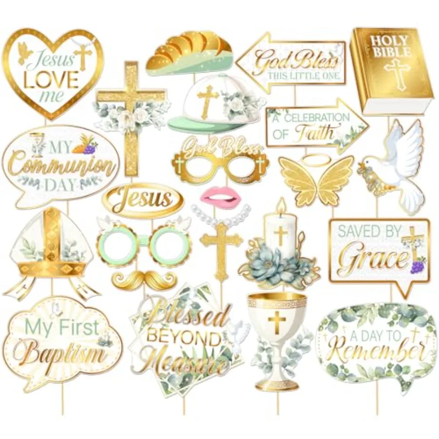 

Baptism Photo Booth Props, Mi Bautizo Party Supplies First Communion Decor for Boys Girls Baby Shower Christening Decorations G