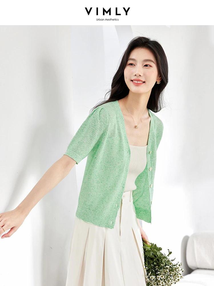 VIMLY Women Vintage V-Neck Short Sleeve Knitted Cardigan Summer Fashion Solid Color Thin Knit Top Simple Casual Clothing