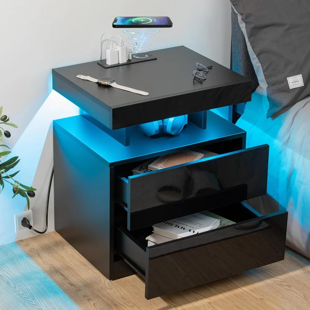 

LED Bedside Table with Wireless Charging Station and USB Port, High-gloss Finish, and RGB Adjustable Brightness Smart LED Light