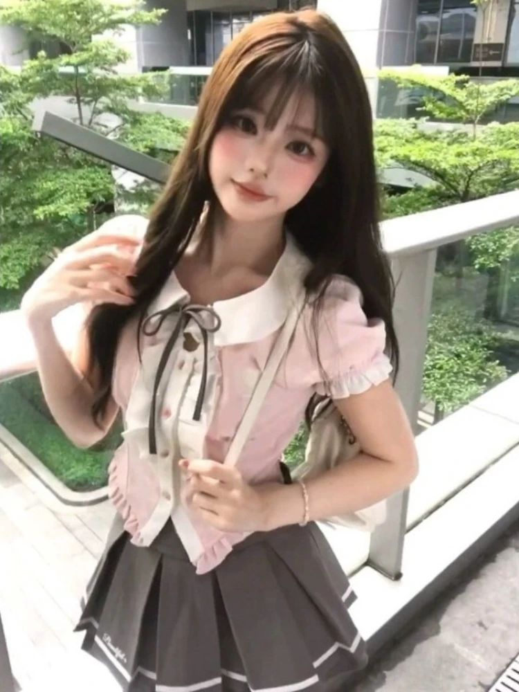 

Sweet Peter Pan Collar Ruffles Pinik Short Sleeve Shirt Women+ Summer High Waist Ruched A-line Skirts 2025 New Two Piece Sets