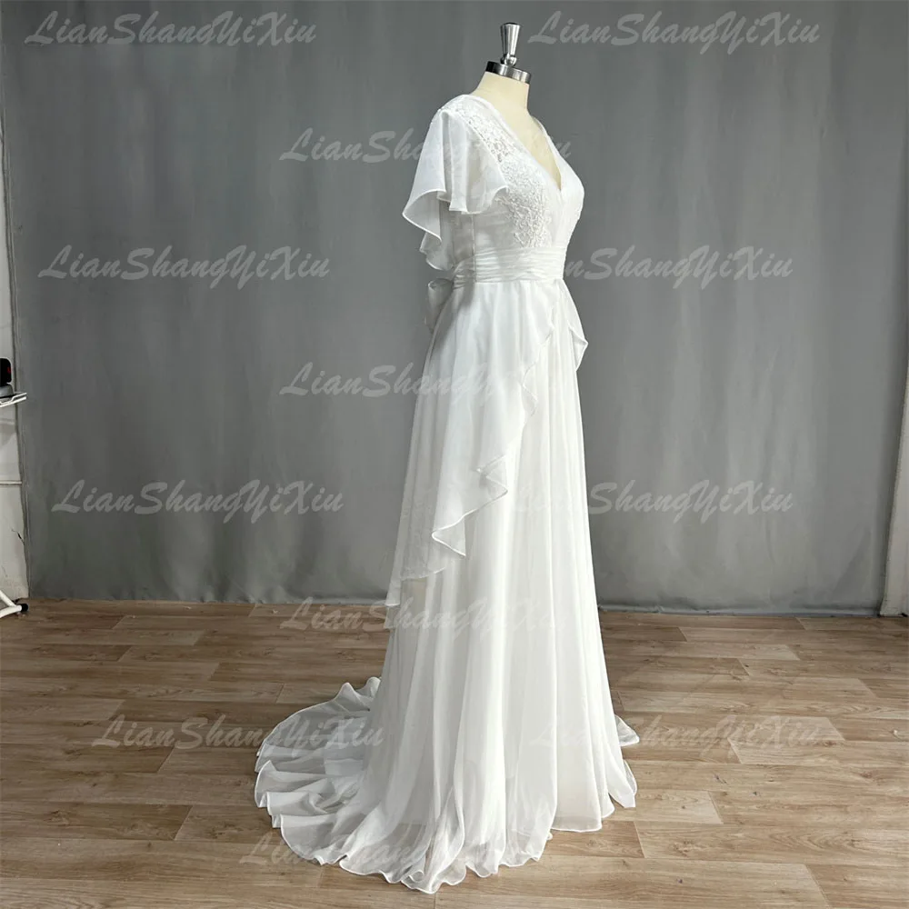 Customized Boho V-Neck Wedding Dresses Chiffon A Line Short Sleeves Backless Floor Length Ruffles Beach Bridal Gowns Bohemian