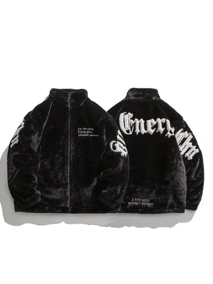 Men Rabbit Fur Jacket Coats Fur Stand-up CollarEmbroidered Padded Jacket Men Winter CasualThickened Coat Unisex Warm Streetwear