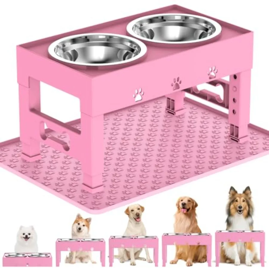 

Elevated Dog Bowls with Mat, Raised Dog Food Bowl Stand with 2 Stainless Steel Bowls, 5 Height Adjustable 3.1", 9", 10", 11", 1