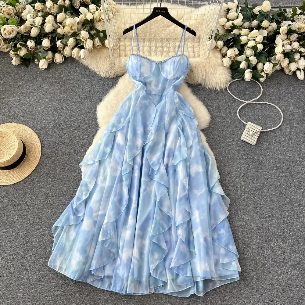 Spaghetti Strap Elegant Dresses for Women Slash Neck Diamond Flounced Edge Fairycore Vestidos Summer Casual Dress Dropshipping