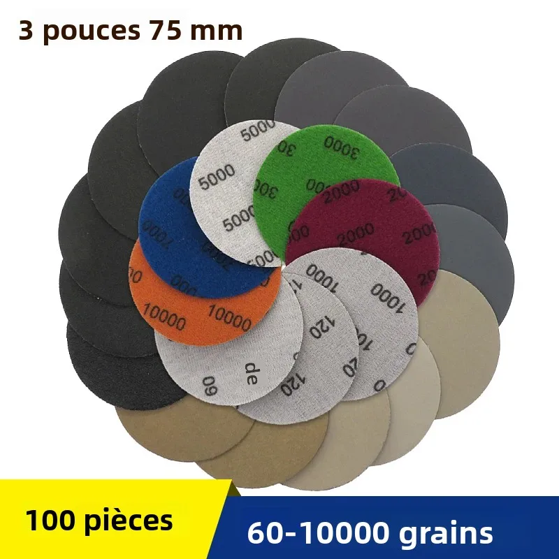 100 pièces 3 pouces 75mm disques abrasifs étanches crochet boucle carbure de silicium papier de verre humide/sec 60 -10000 grain pour le polissage meulage