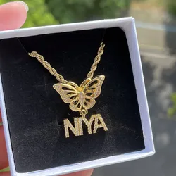 DUOYING Custom Nameplate Butterfly Necklace Personalized Hollow Zircon Initial A-Z Letter Pendant Hip Hop Jewelry Gift