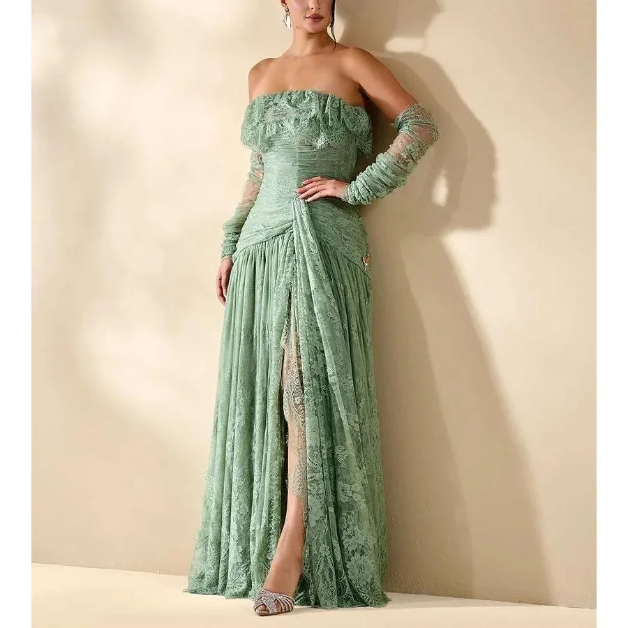 Elegant Vintage Green Lace Sexy Ruffle Strapless Gloves Customized Formal Occasion Prom Dress Evening Party Gowns