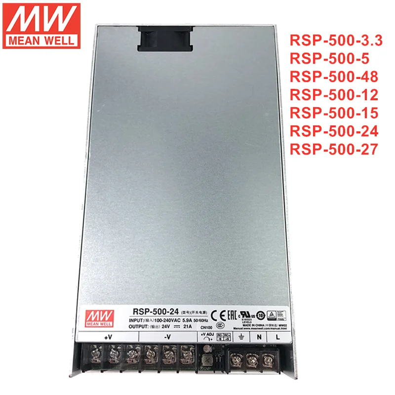 

MEAN WELL RSP-500 Series 500W Single Output Power Supply With PFC Function RSP-500-3.3/5/12/15/24/27/48V