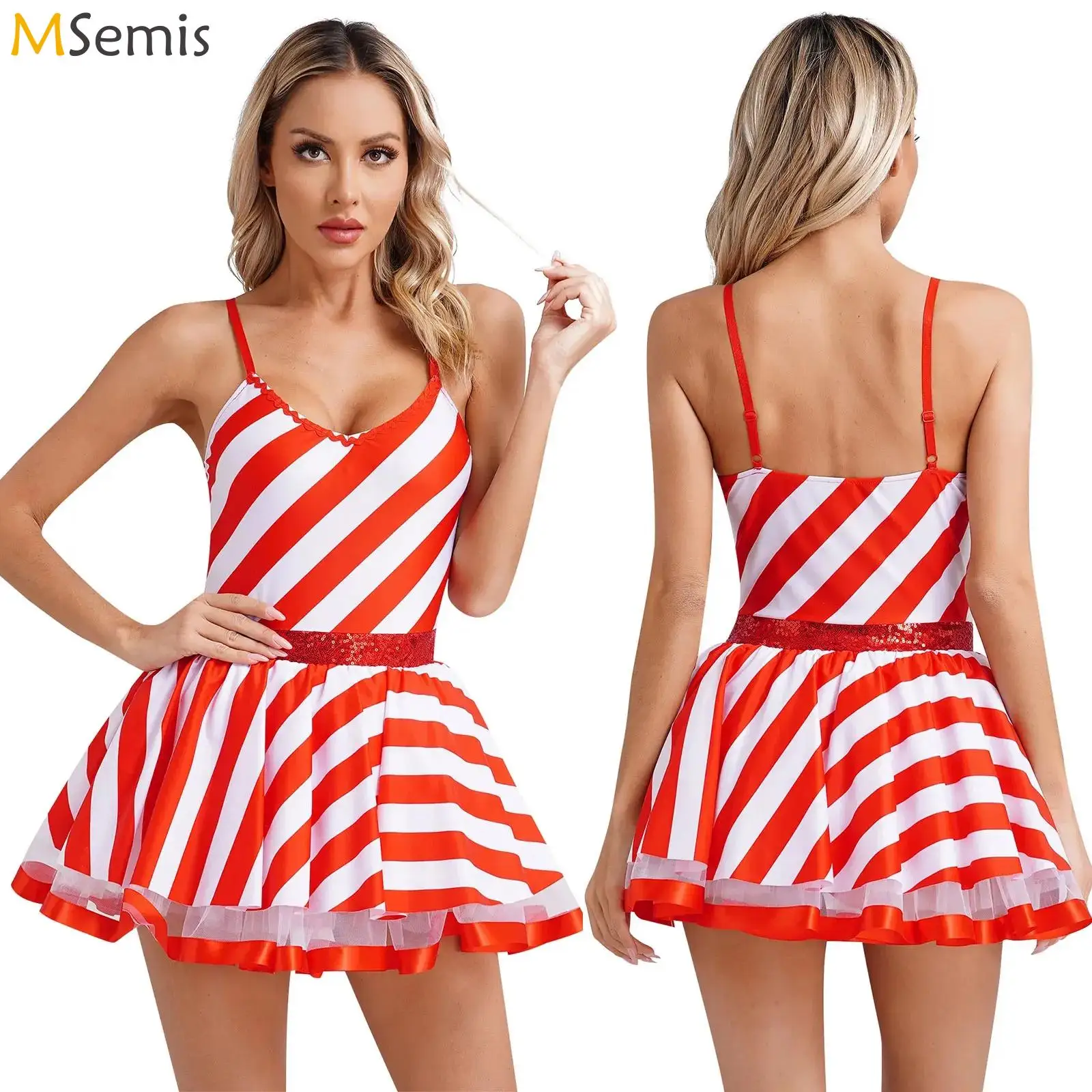 Women Christmas Ballet Dance Tulle Tutu Dress Candy Cane Costume V Neck Striped Dress for Carnival Xmas Theme Party Stage Wear