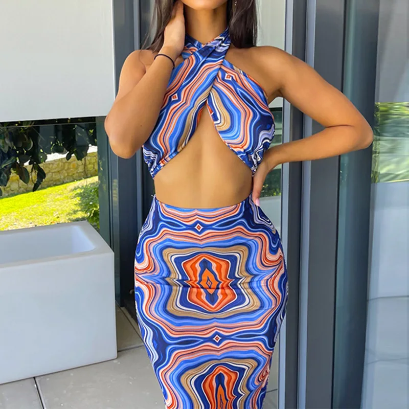 Jumpsuit Women's New Printed Halter Neck Backless Strap Tube Top Slim Skirt Suit Skirts Long Tube