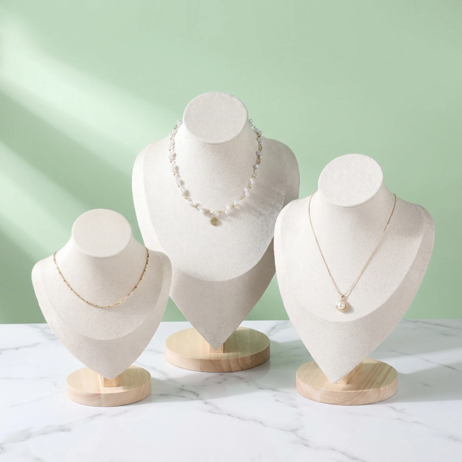 3 Pieces Necklace Display Bust Soft Jewelry Display with Wooden Base Necklace Bust Stand Sturdy Boutique-Style for Jewelers