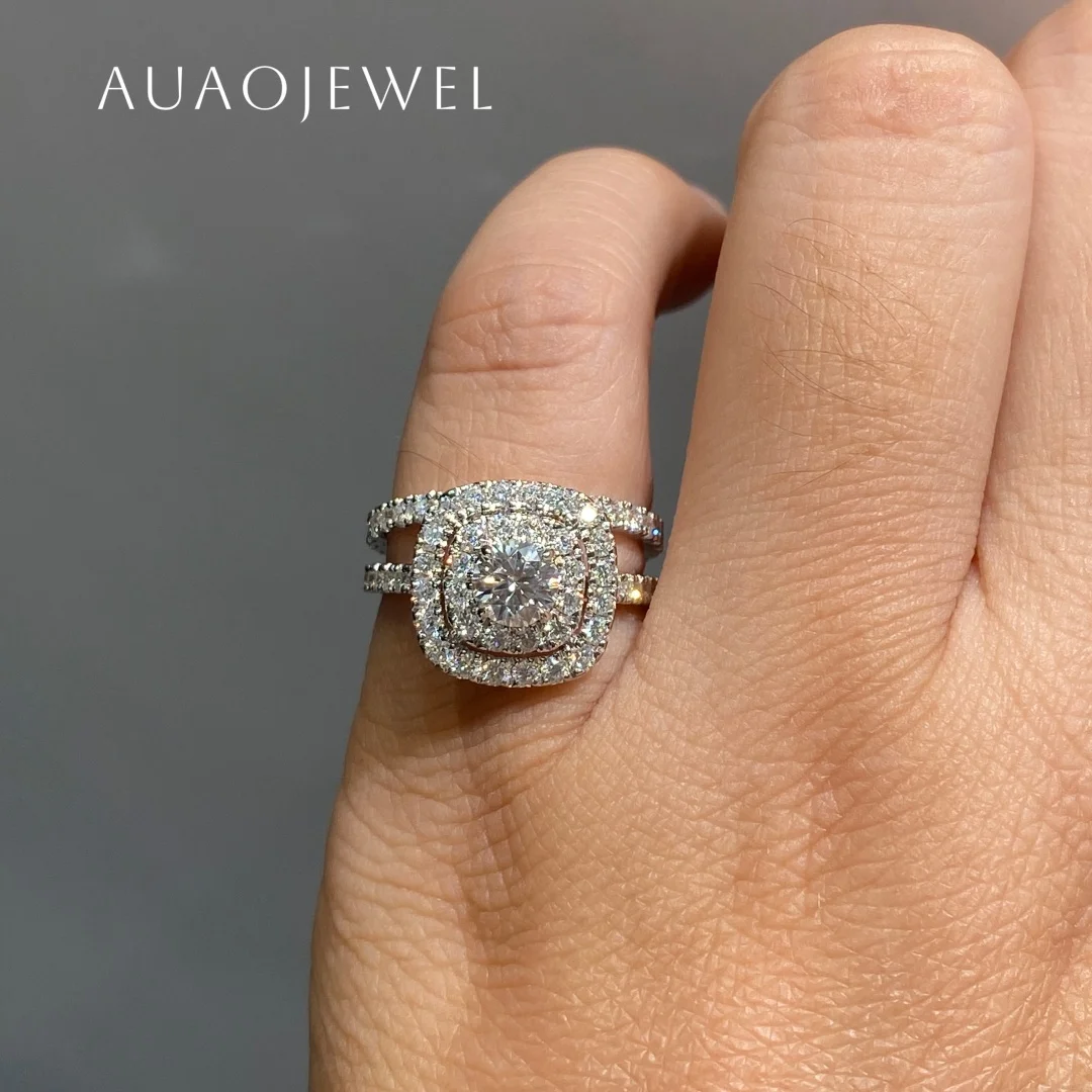 AUAOJEWEL-Anillo de moissanita redondo de 0,5 quilates con conjunto de alianza de boda, Plata de Ley 925, joyería de oro Real de 18K y 14K con certificado