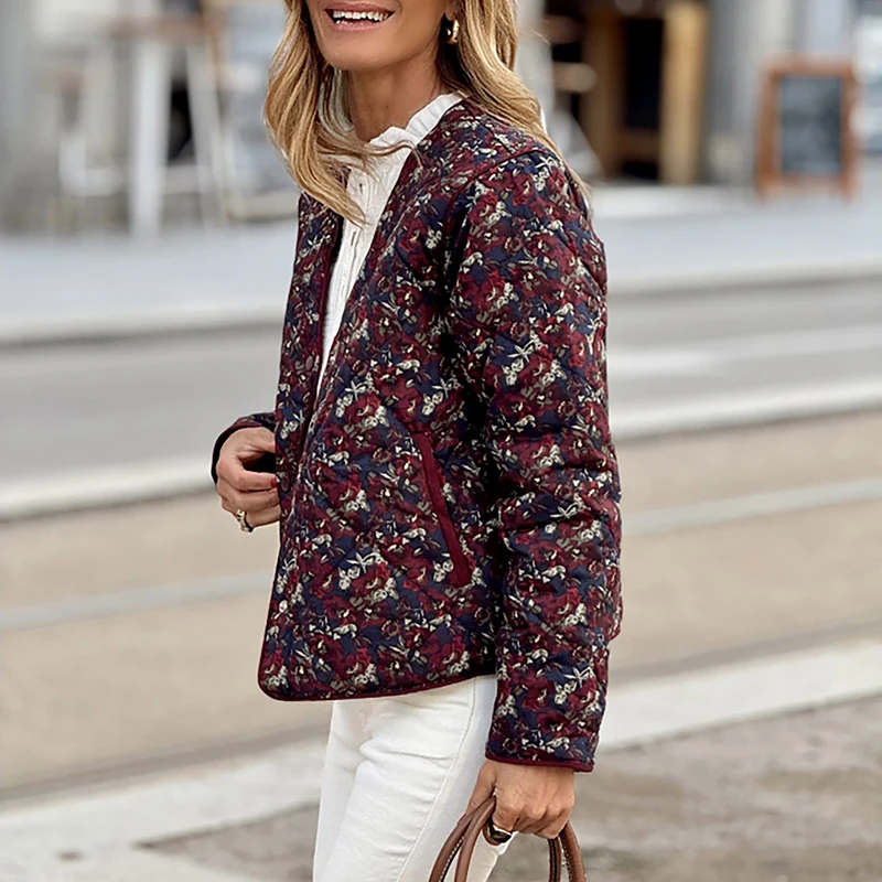 

New Autumn Winter Warm Short Outerwear Vintage Floral Printed Long Sleeved Coat Ladies V-neck Slim Fit Commuting Cotton Jacket