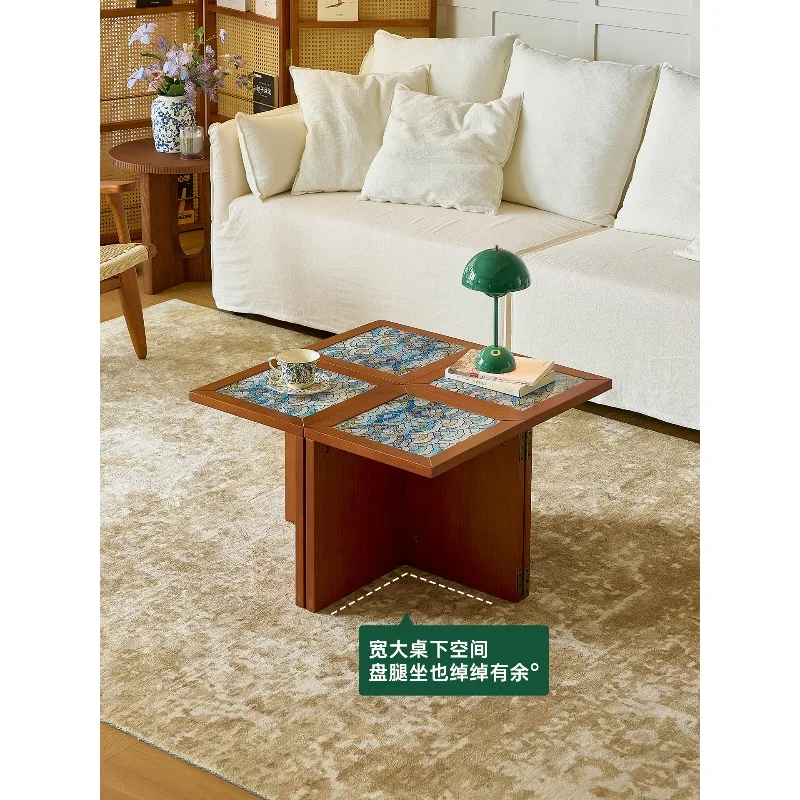 Foldable solid wood glass spray pattern cream wind combination tea table household small apartment living room tea table