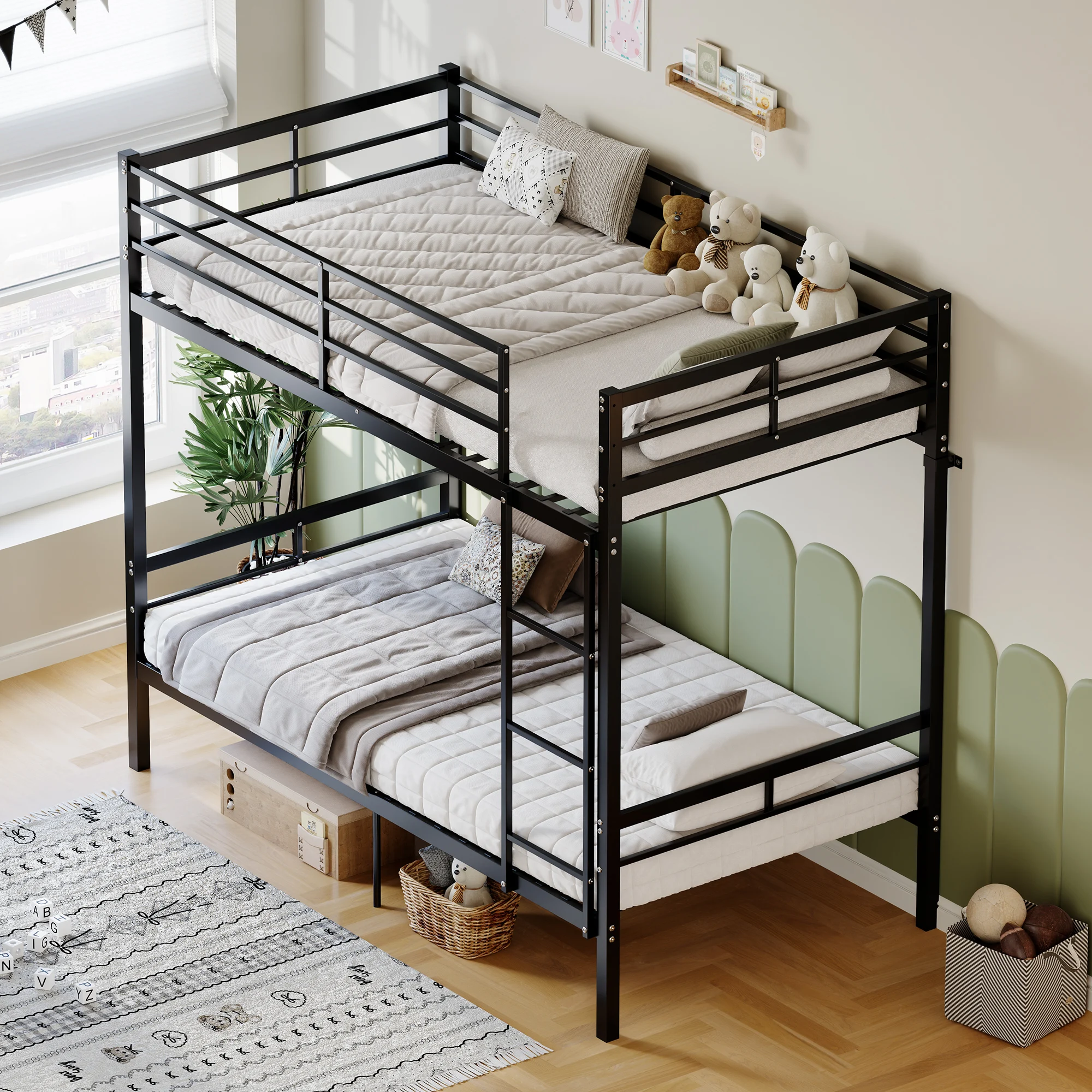 Twin Over Twin Metal Bunk Bed with Ladder, Heavy Duty Steel Frame, High Guardrails, Storage Space, Split to 2 Beds, Black