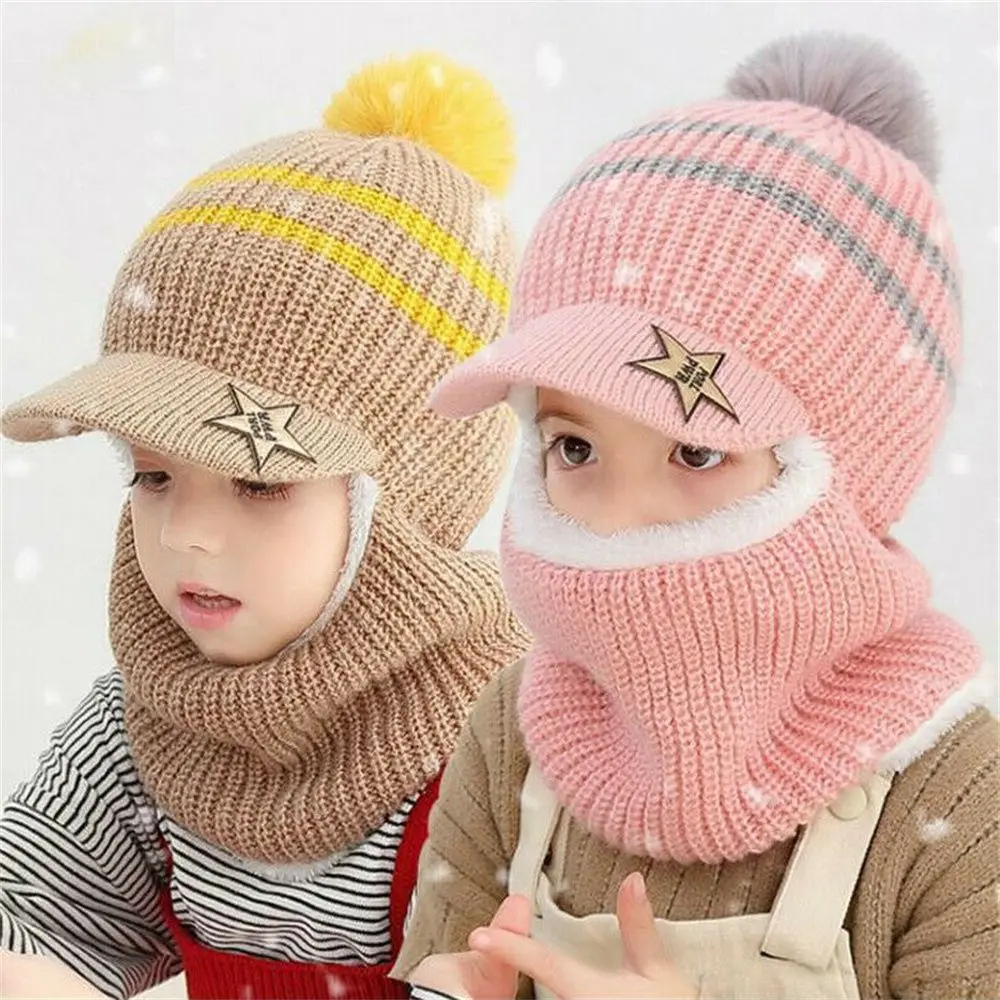 Kids Girls Boys Balaclava Hat Scarf Winter Warm Face Guard Hooded Scarf Earflap Knitted Cap Fleece Lining Kids Hat for 2-5 Years