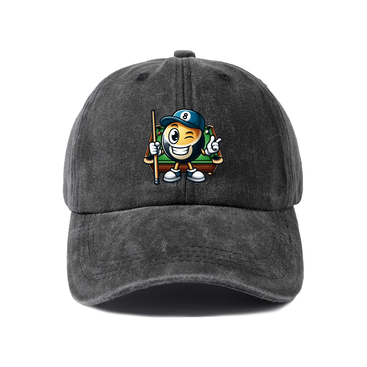 Eight Ball Pool Mascot Graphic Vintage Washed Baseball Cap, Adjustable Unisex Dad Hat for Men and Women