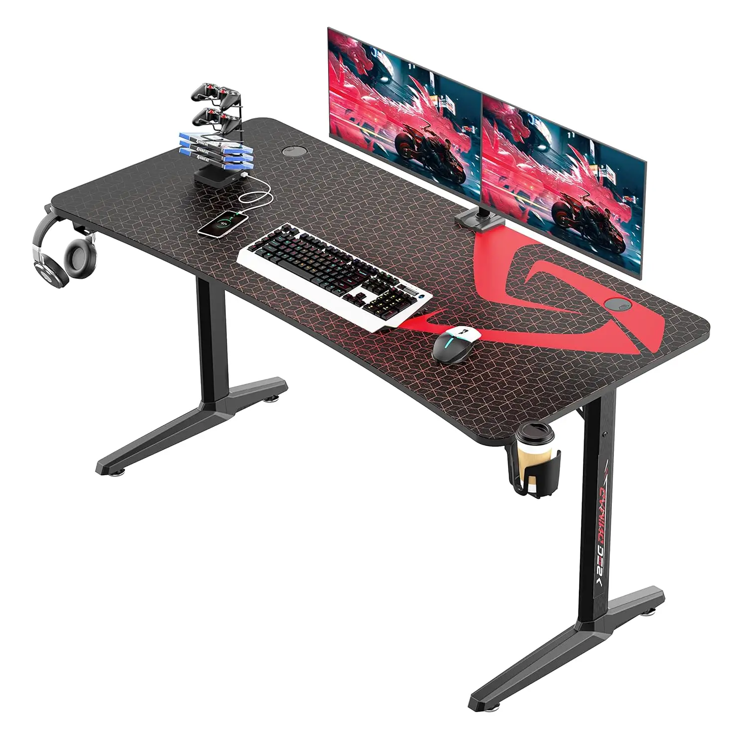 Gaming Desk, 60 inch Computer Desk with Full Mouse Pad, Large Gaming Table for 3 Monitors,USB Handle Rack Cup, Customized