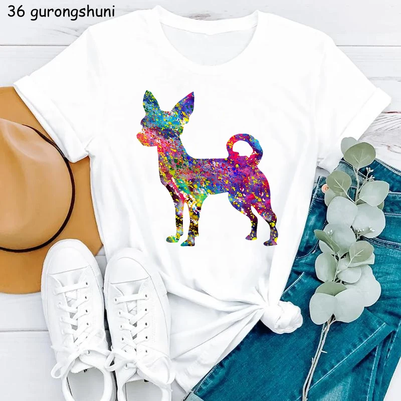 2024 Hot Sale Funny Tshirt Women Watercolor Chihuahua Dog Animal Print T-Shirt Femme Harajuku Shirt Summer Stylish T Shirt Tops