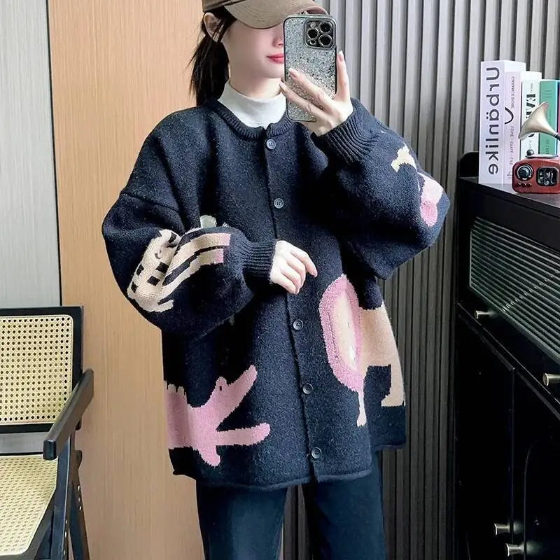 

Sweaters Print Women Cardigan Knit Round Neck Single Breasted Sweater Long Sleeve Loose Jumpers Casual Autumn Winter 2025