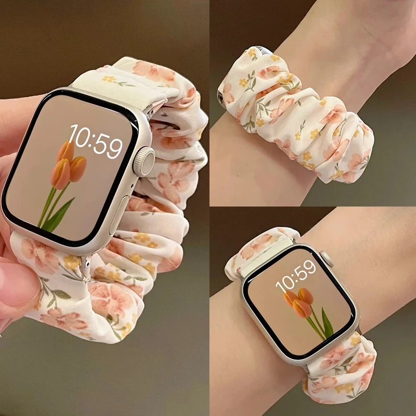 Correa Scrunchie para Apple watch band 10 42mm 46mm 40mm 41mm 45 44 38 pulsera de nailon elástico iwatch series 11 5 6 7 8 9 SE ultra2