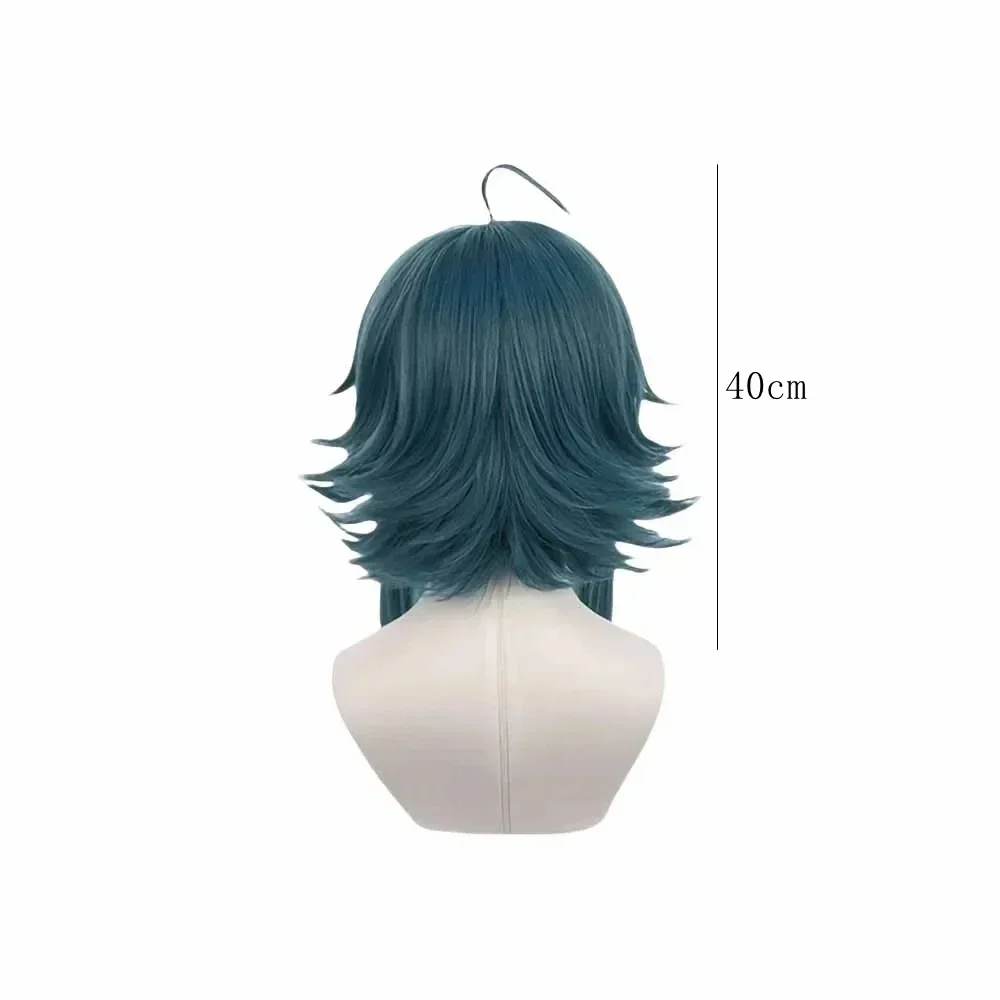 Wig Cosplay Anime Genshin Impact Xiao Cosplay hijau gelap pendek tahan panas rambut sintetis properti pesta Festival