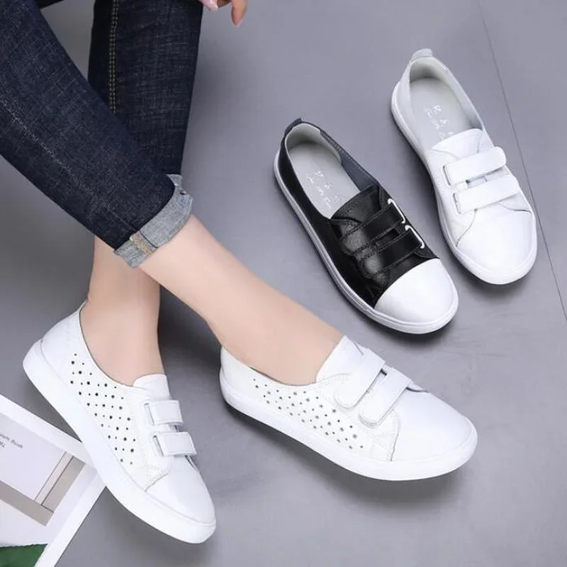 Spring New White Shoes Leather PU Casual for Women\'s Breathable Running Shoes Students Sneakers Tennis Female Hook & Loop Autumn