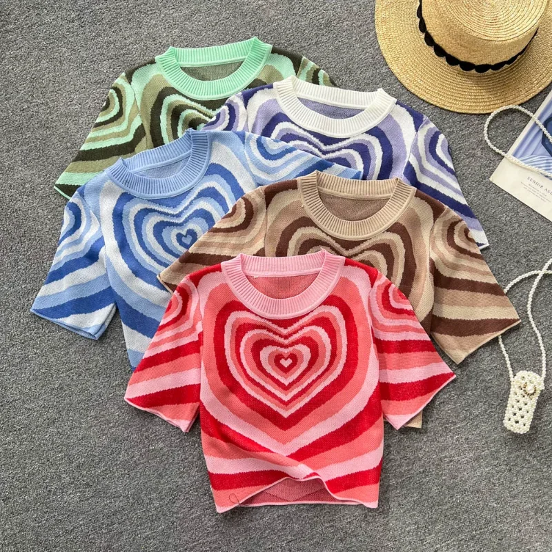 Fashion Knitted Tops Women Korean Style Summer Short Sleeve Love Shape Cute Jumper Spicy Girl Round Neck Sexy Crop Tops Pullover