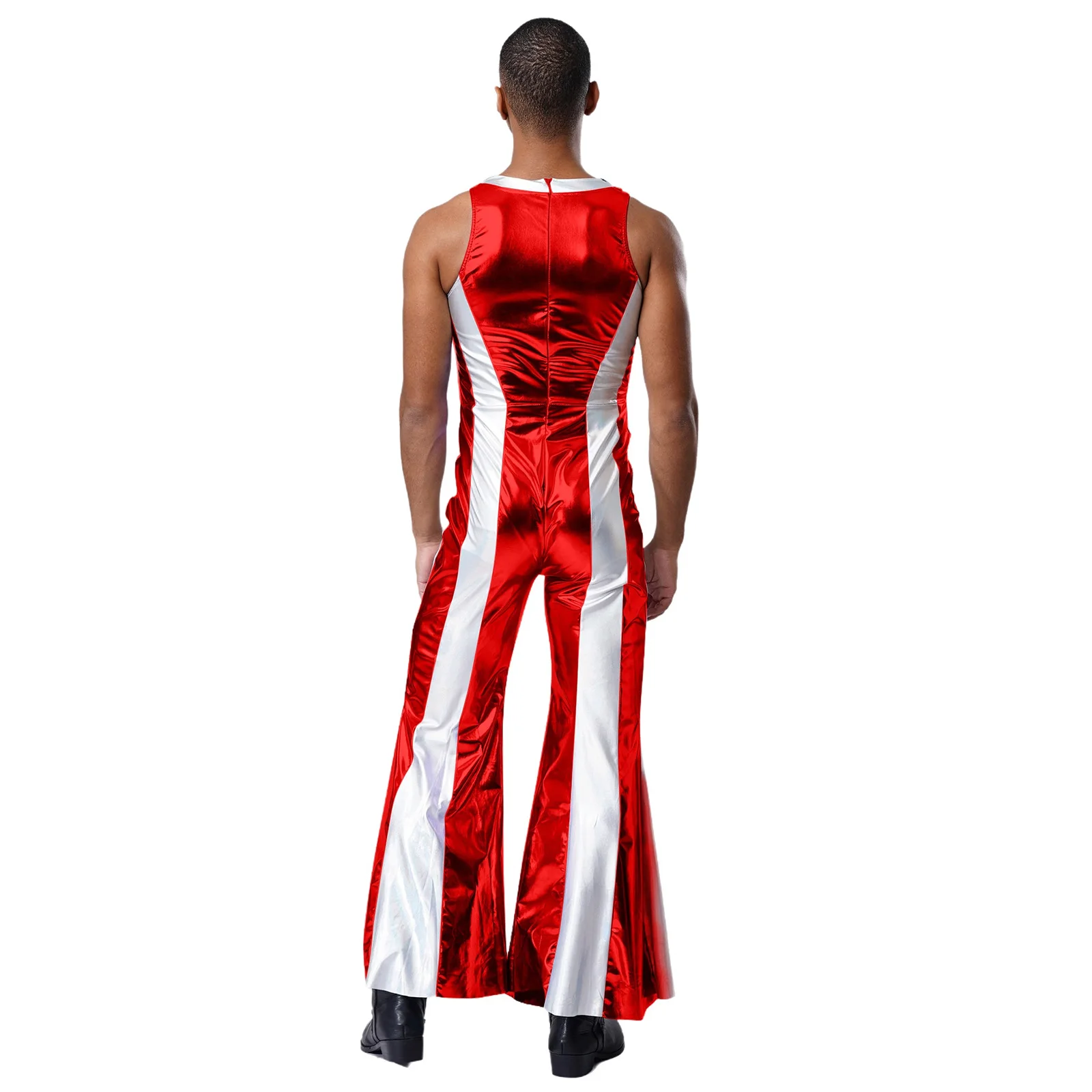 Męski stylowy metaliczny kombinezon taneczny bez rękawów z rozszerzanymi długimi nogawkami, idealny na Halloween, imprezy, przebrania astronauty lub kosmity.