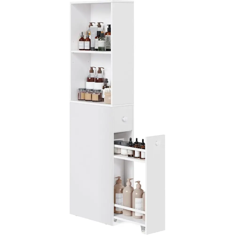 Elegant White Slim Bathroom Storage Cabinet with Adjustable Shelves for Small Spaces