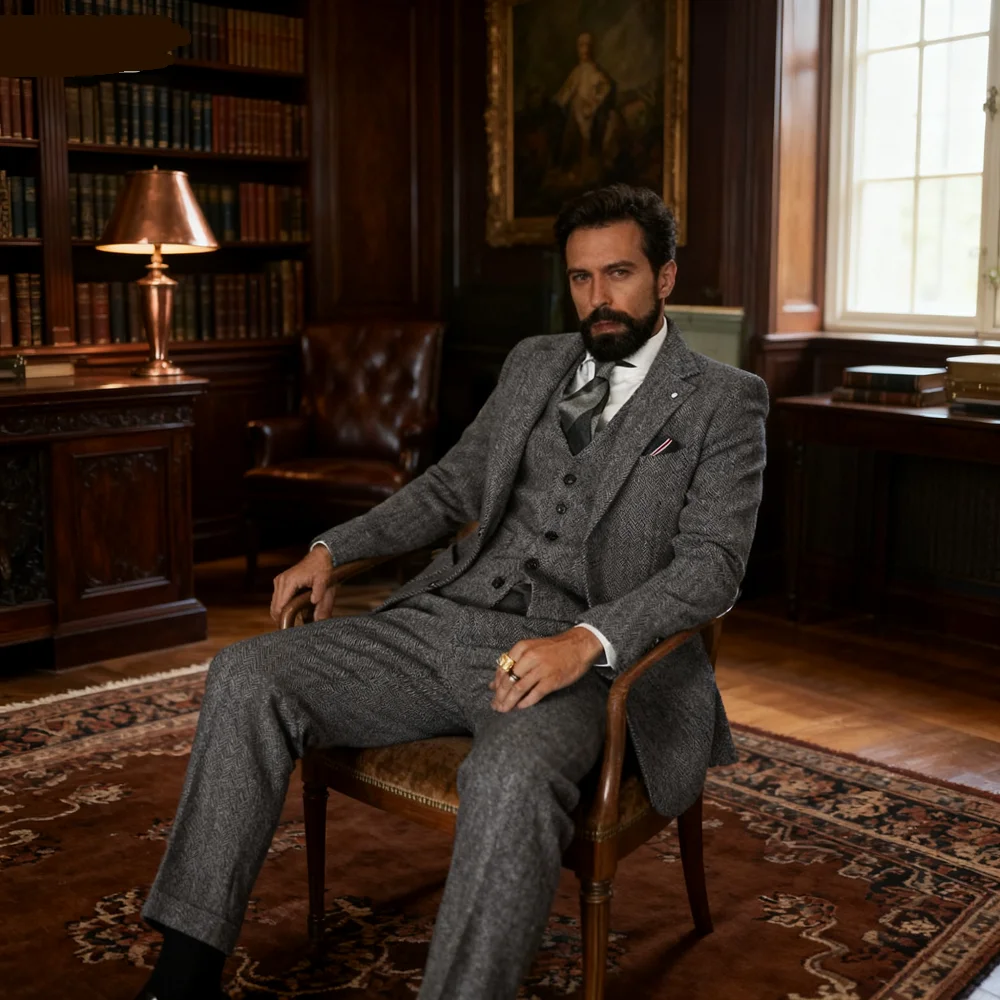 

Men's Winter Tweed Wool Grey Slim Fit Formal Wedding Terno Fishbone 3 Piece Smoking Suit Male Ternos Ca