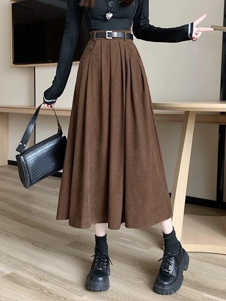 Corduroy Belt Long Skirt Women Sweet Preppy Style Vintage Loose High Waist Skirts Fall Winter Female Casual Retro A Line Skirt
