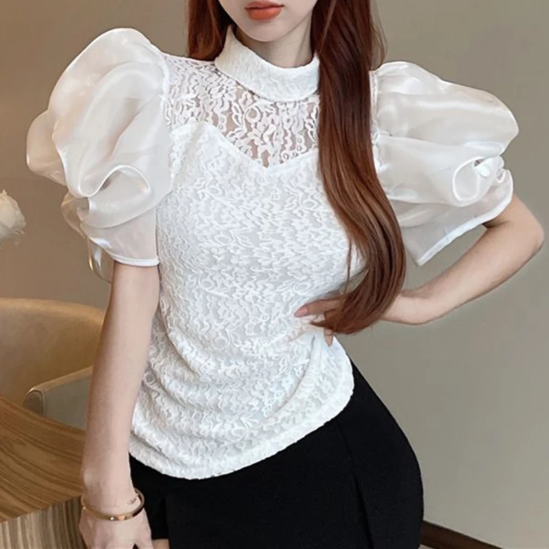 

Korean V-neck Bubble Sleeve Irregular Top Women's Design Pleated Slim Short Sleeve T-shirt