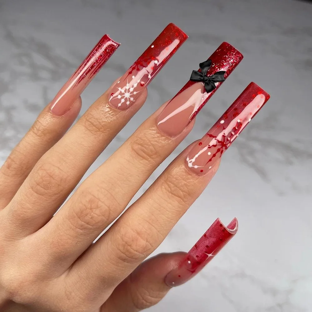 

24pcs Christmas Press on Nails Gradient Red Fake Nail Patch Wearable with Shiny Snowflake Bow French Long Ballet False Nail Tips