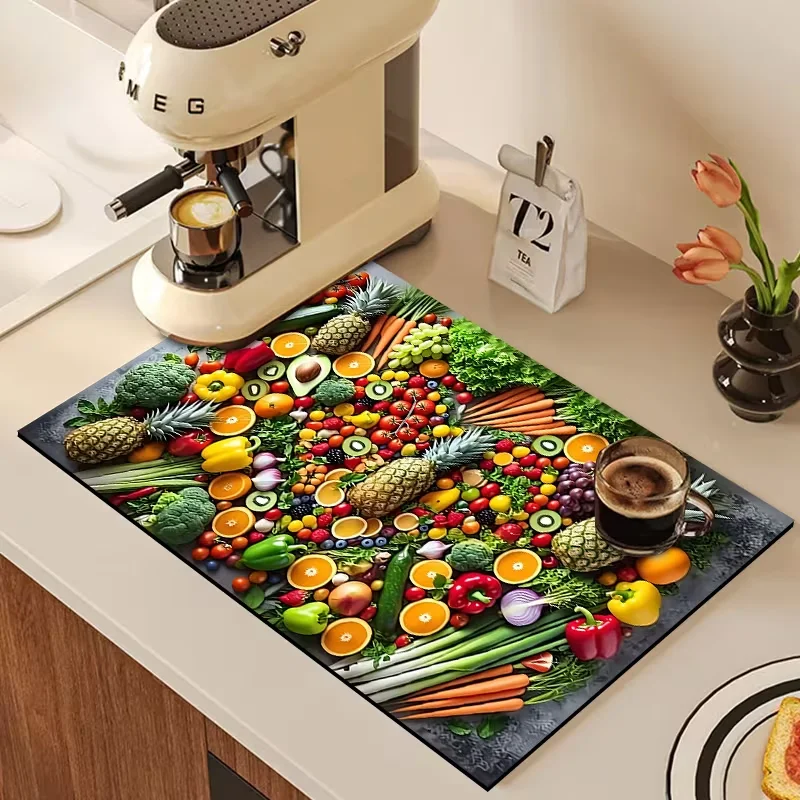 Vibrant Vegetables Pattern Kitchen Counter Pad Fast Drying Mat Super Absorbent Protection Dustproof Placemat Cushion Pad