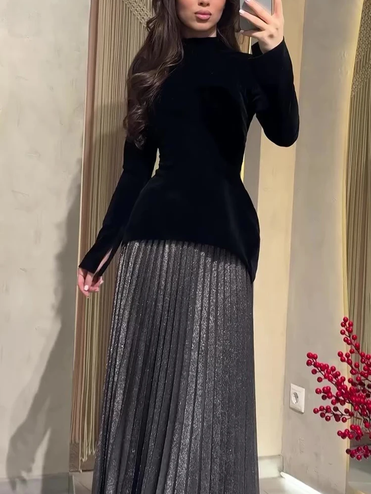 

Элегантные женские плиссированные полуюбки, комплекты осенних новых юбок с высокой талией, комплекты из двух предметов, повседневные бархатные топы и юбки с цветными блоками