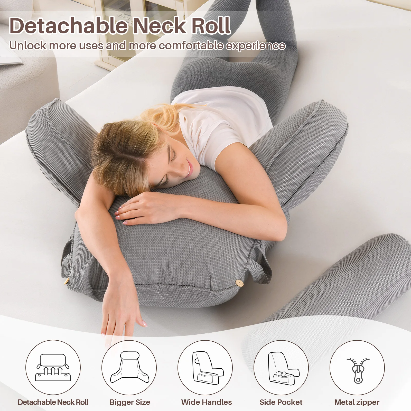 Lesekissen für Bett und Sofa mit abnehmbarem Bezug - Rückenkissen fürs Bett - Memory-Schaum-Lesekissen mit Armlehne, ideal zum Lesen, Fernsehen, Entspannen oder als Rückenstütze – Detail 9