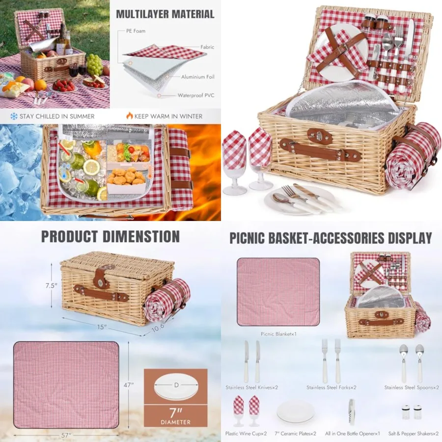 

Picnic Basket Set for 2 - Wicker Picnic Basket with Waterproof Blanket and Insulated Liner, Large Handmade Willow Hamper with C