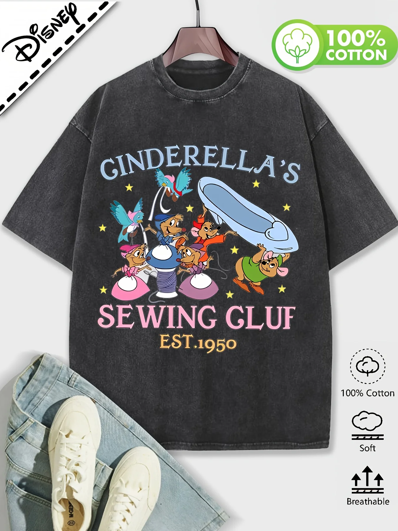 

Cartoon character letter print | Cartoon youth pattern round neck fashion | 100% cotton washed and distressed