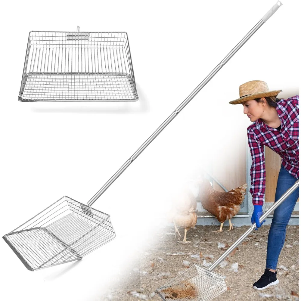 

10inch Large Chicken Poop Scooper,3-in-1 Detachable Tool (36 to 63 inches),Stainless Steel coop Scoop