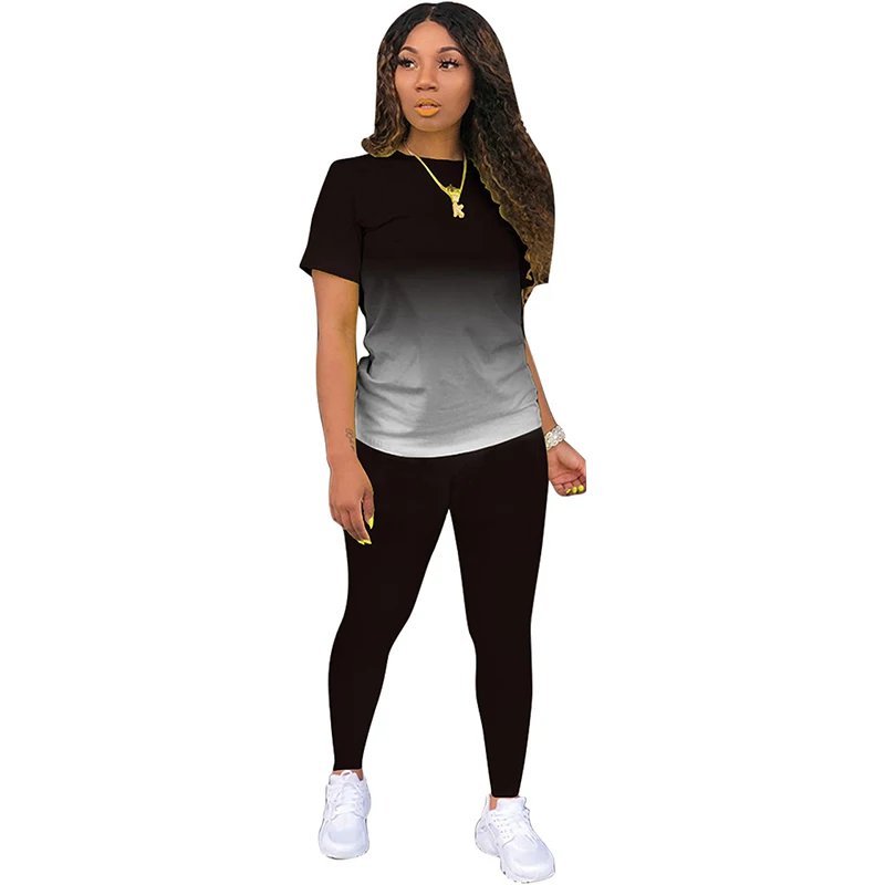 Women Tracksuit Spring Summer Gradient T-Shirt and Pants 2 Piece Set Short Sleeve Fashion Casual Streetwear Female Outfits